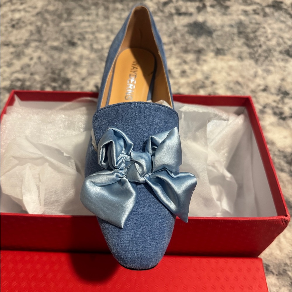 Wayderns Women's Denim Blue Satin Bow Pumps